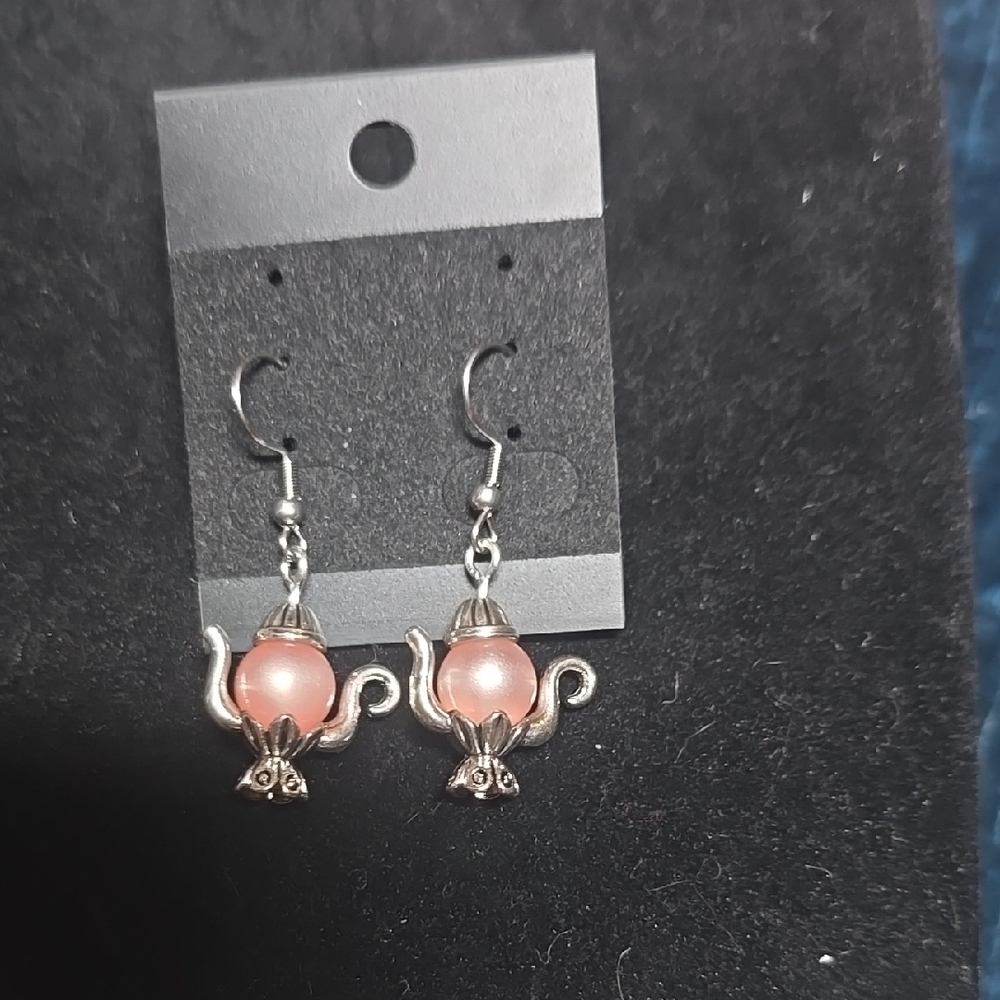 Handmade Silver Lamp Earrings with Pink Accents